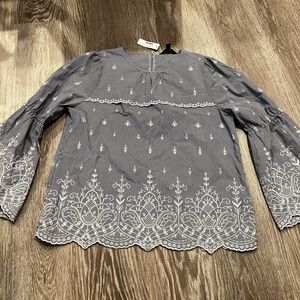 J. CREW embroidered bell sleeve blouse in poplin blue white